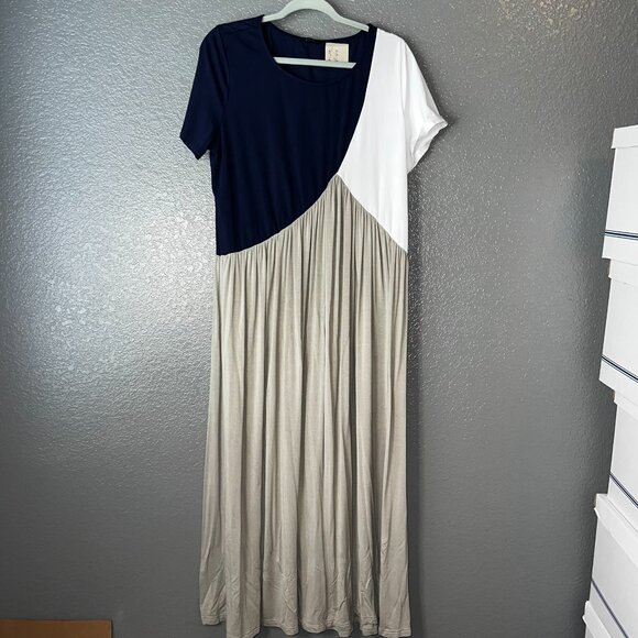 Flory Day Colorblock Maxi Dress Navy White Taupe Short Sleeve Women’s Size L - Picture 4 of 5